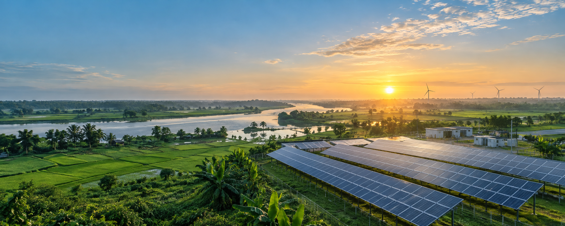 Solar panels across green fields and waterways in Bangladesh at sunrise
